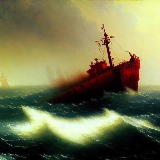 Image similar to bloody ocean, rusted iron ship sinking in red blood ocean, by Ivan Aivazovsky, junji ito, hd 8k