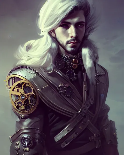 Prompt: steampunk male portrait, handsome, detailed white long hair, intricate assasin armor, fullbody, by godessmechanic ilya kuvshinov, peter mohrbacher, greg rutkowski, dramatic lighting, intricate, highly detailed, deviant art, sharp focus, luminous, blender, deviant art, masterpiece, ray tracing