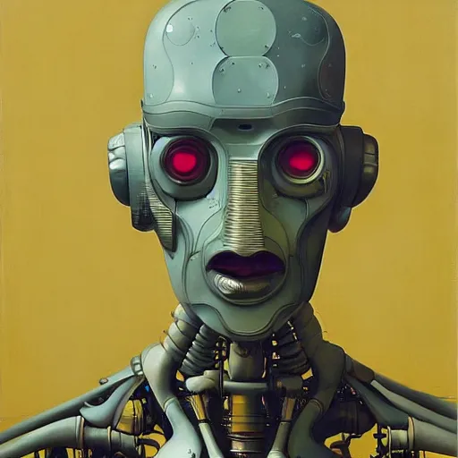 Image similar to Portrait of an artificial intelligence robot,highly detailed, very coherent, painted by Francis Bacon and Edward Hopper, Wayne Barlowe, painted by James Gilleard, surrealism, airbrush, art by JamesJean