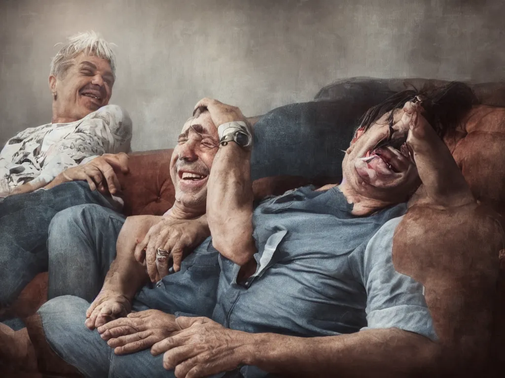 Image similar to detailed digital painting of till lindemann sits on the couch with grandmother and laughing by handoga, stunning scene, 4 k, realism, bright colors, trending on artstation