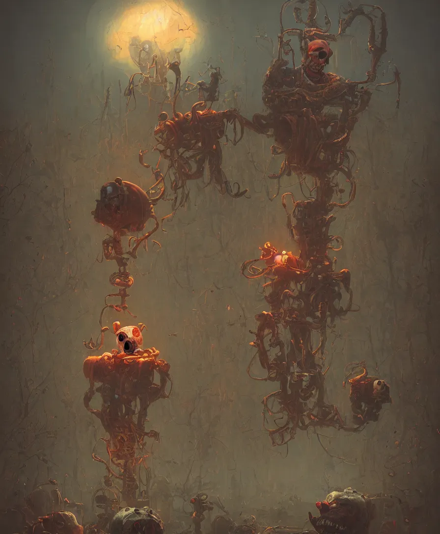 Image similar to skull clown illustrated by Simon Stålenhag and Gaston Bussiere, 35mm lens, beautiful volumetric-lighting-style atmosphere, intricate, ultra detailed, photorealistic imagery, trending on artstation, 4k, 8k