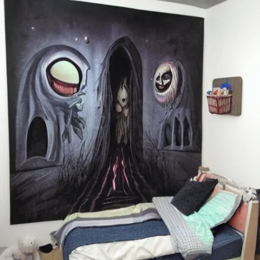 Image similar to a portal to the monster dimension under the bed in a children's room, horror, surreal, creepy, night, nightmare