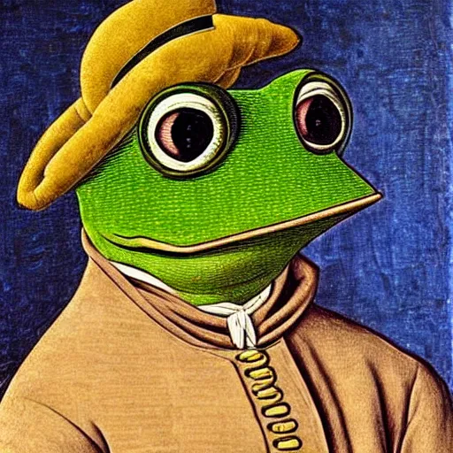 Image similar to pepe the frog as 1 9 th century prussian soldier, elegant portrait by sandro botticelli, detailed, symmetrical, intricate