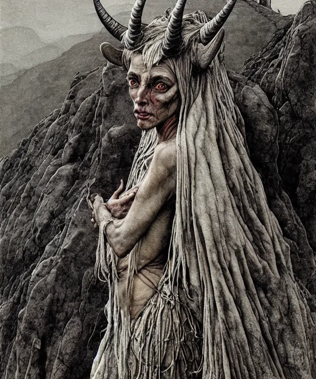 Image similar to A detailed horned goatwoman stands among the hills. Wearing a ripped mantle, robe. Perfect faces, extremely high details, realistic, fantasy art, solo, masterpiece, art by Zdzisław Beksiński, Arthur Rackham, Dariusz Zawadzki