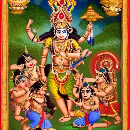 Image similar to indian mythological war of gods, hindu gods, ramayana scene