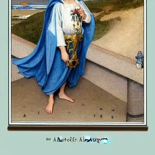 Image similar to An angel with jester hat and clothes on the front of a Balustrade with a beach on the background, major arcana cards, by paul delaroche, hyperrealistic