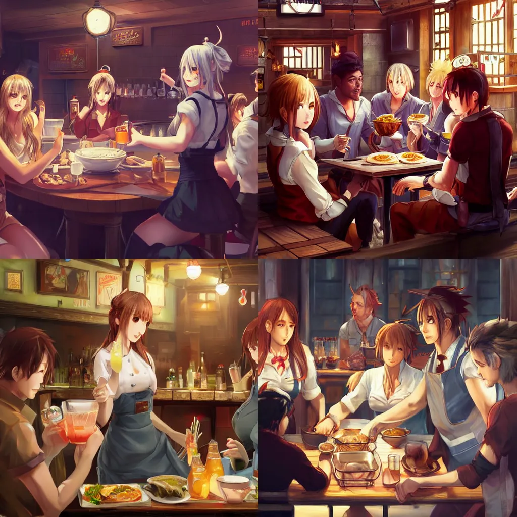 Prompt: A waitress serves food and drink to a group of tavern patrons. Fantasy anime, digital art by WLOP.