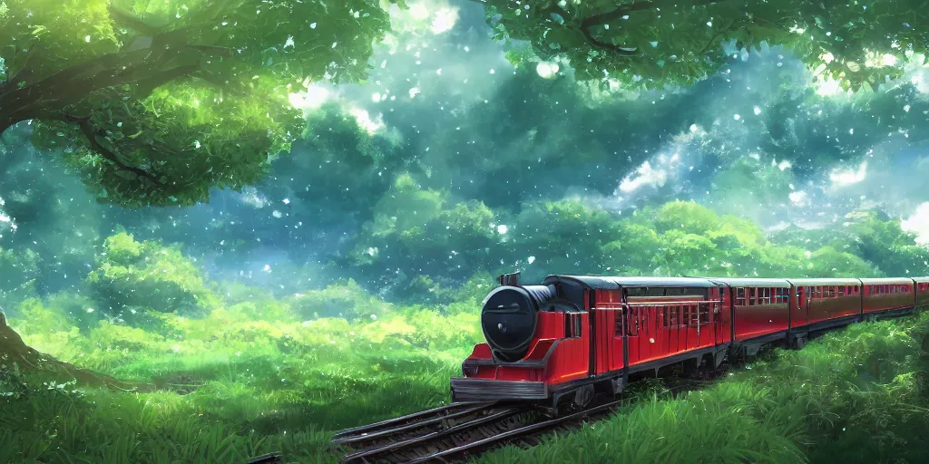 Prompt: A beautiful illustration of beautiful Hogwarts train, leaves, trees, steam, wide angle, by makoto shinkai, Wu daozi, very detailed, deviantart, 8k, wallpaper, tropical, colorful, airy, anime illustration, anime nature wallpap