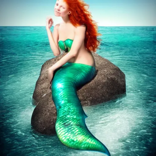 Prompt: fantasy mermaid on a rock with a wave behind her, beautiful, full body, realistic, face