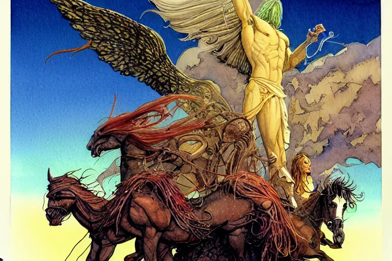 Image similar to a hyperrealist watercolour character concept art portrait of science fiction poster, jesus vs an alien, winged pegasus, giant creature in background, detailed, well lit night in las vegas, nevada. by rebecca guay, michael kaluta, charles vess and jean moebius giraud