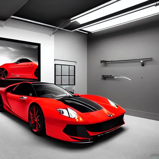 Prompt: garage of luxury car, fiction, pop art stability, photorealistic, intricate, elegant, 8 k, uhd, justify, realistic, concept art, matte, sharp focus, photography, consistent, highly detailed object content, proportional object content