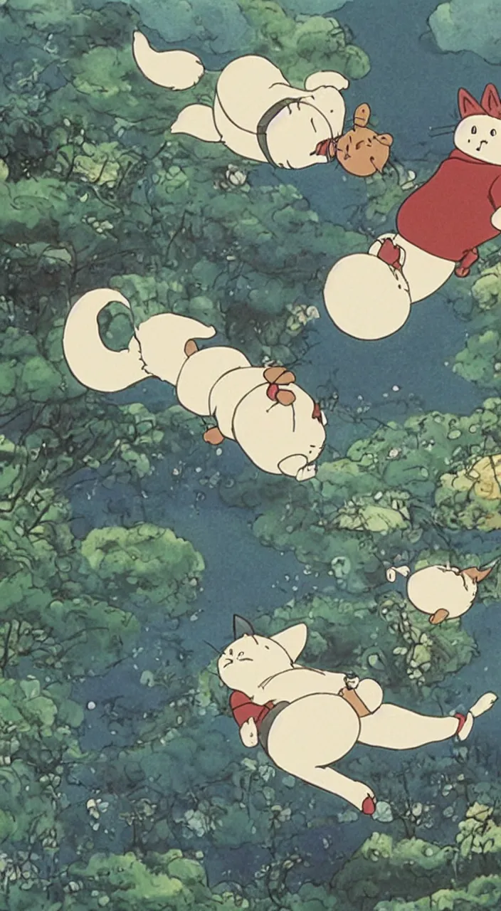 Image similar to fat cat falling from the sky, screenshot from the film by studio ghibli, trending on arstation