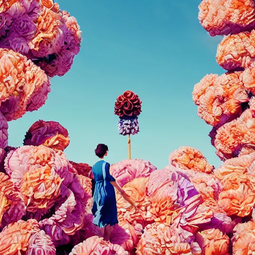 Image similar to giant flower head, woman walking through city, surreal photography, cinematic, blue sky, symmetry, detailed, retro, wes anderson