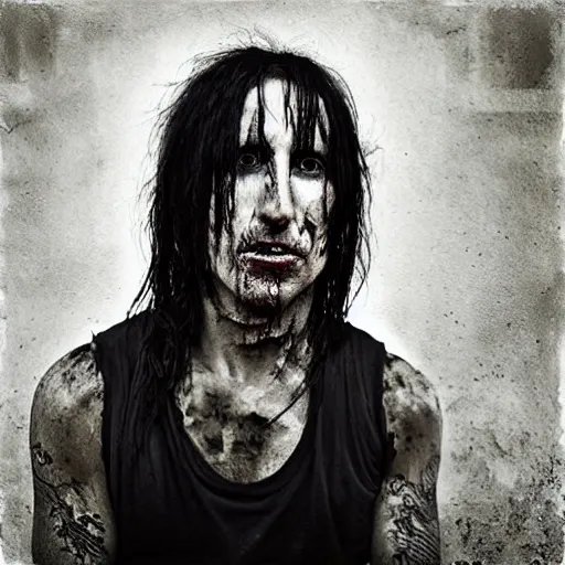 Image similar to portrait of trent reznor with long hair as a zombie by lee jeffries and michael hussar, award winning, sony a 7 r