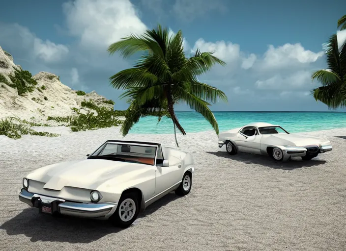 Image similar to hyperrealism, detailed textures, photorealistic 3 d render, a dreamy beach in cuba, a 1 9 9 0 coervette stingray with a blazing pearl white colour scheme, mickey thompson tires, centrerline rims, sharp focus, ultra realistic, ultra high pixel detail, cinematic, intricate, cinematic light, concept art, illustration, art station, unreal engine 8 k