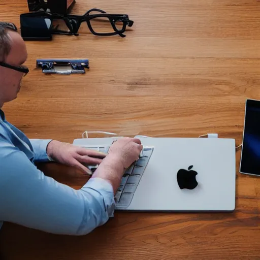 Image similar to Chubby clean-shaven white businessman sitting at a wooden conference table typing on an laptop keyboard, his right shoe is resting on table next to laptop