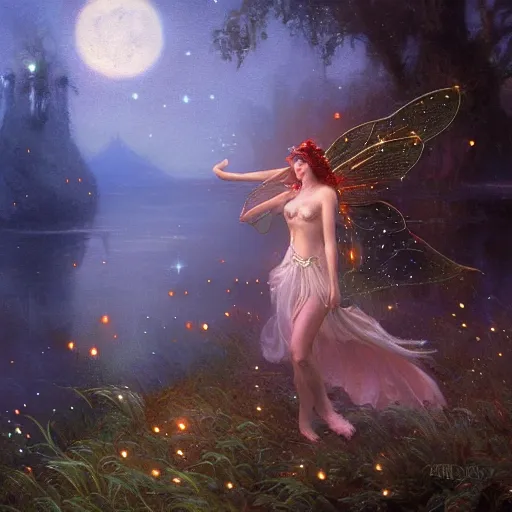 Image similar to attractive, fairy, woman, in the night, fantasy, crescent moon in background, luminous, toadstools, fireflies, fantasy, mist, highly detailed painting by gaston bussiere, craig mullins, j. c. leyendecker, mid shot, 8 k realistic, sharp focus