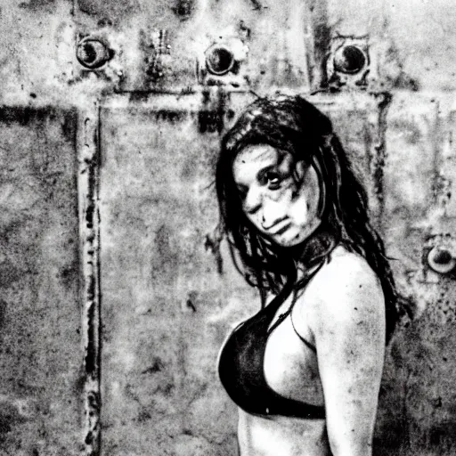 Prompt: close portrait of bikini model in Victorian era boiler room during plague, coal dust, lomo