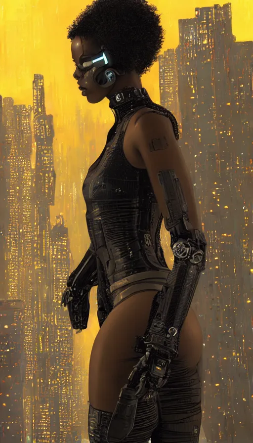 Image similar to a beautiful young Black woman, cyberpunk, Blade Runner city background, highly detailed, 8K, artstation, illustration, art by Gustav Klimt