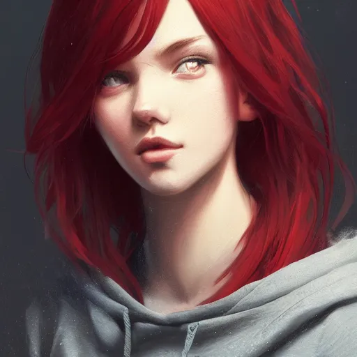 Prompt: a girl with short red hair wearing a hoodie, digital art, very beautiful face, pretty face, very detailed eyes, full body illustration, 8 k resolution, soft painting, by greg rutkowski, wlop, rossdraws,