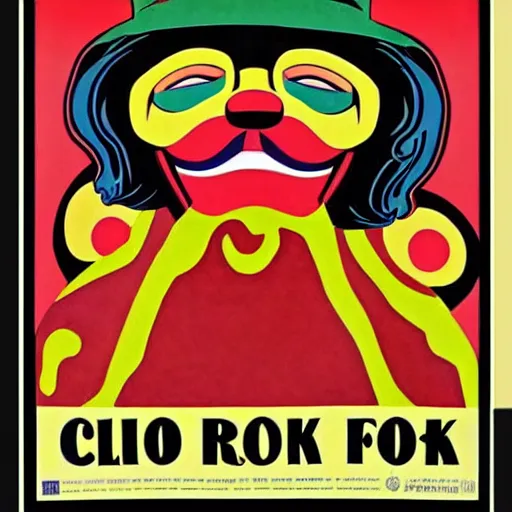 Prompt: 6 0 s rock poster, psychedelic style, features a bigfoot wearing clown makeup, says bigfoot clown