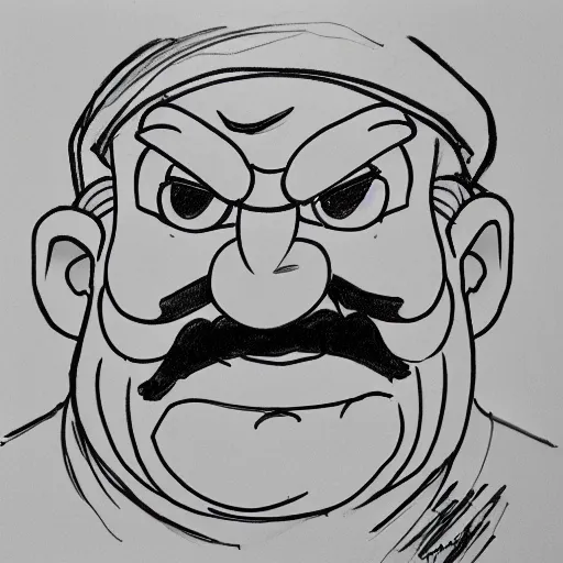 Image similar to continuous single line contour - drawing of wario, pen on white paper