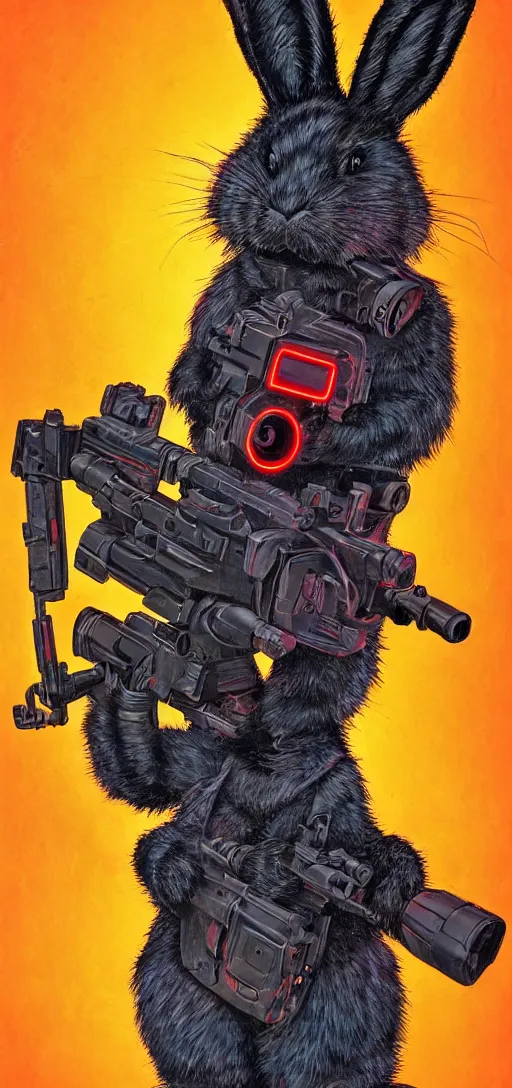 Image similar to portrait of neon fur rabbit with red eyes and a machine gun , 8k, highly detailed, sharp, realistic, in style of Brom