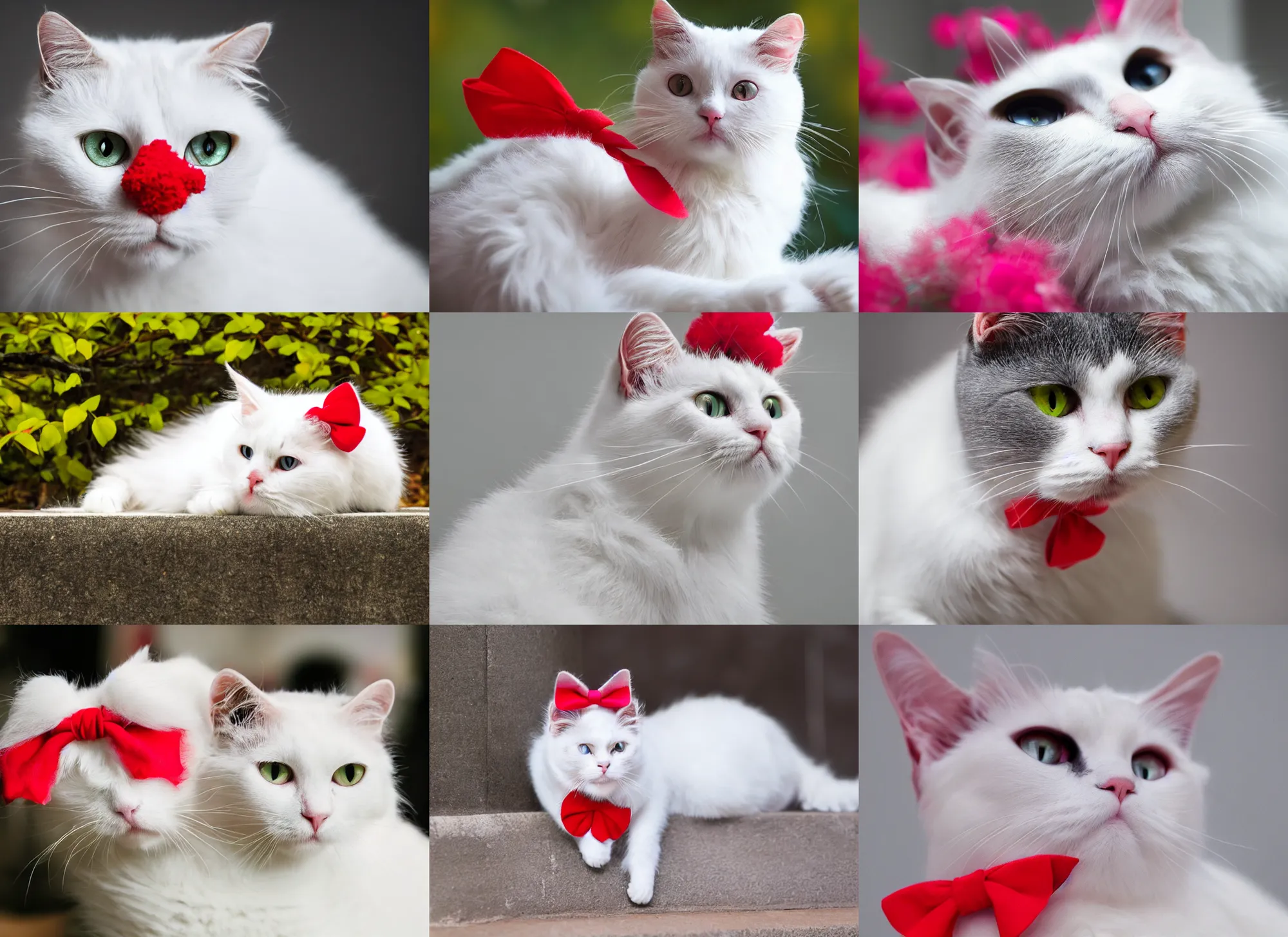 Prompt: white cat with fluffy red bow, photorealistic portrait, sakura, ultra quality, high detailed, zoom, leica 8 5 mm 1. 2 f