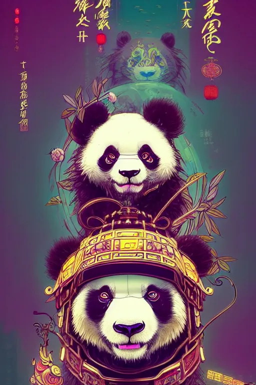 Image similar to a beautiful hyperdetailed character design of a cute panda with a chinese lion dance head victo ngai cyberpunk style, from china, style of studio ghibli, makoto shinkai, raphael lacoste, louis comfort tiffany, artgerm, james jean, ross tran, chinese style