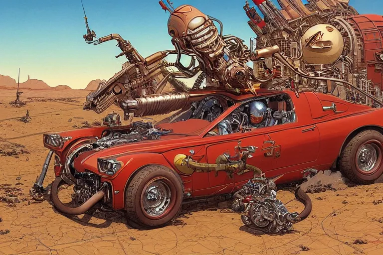 Prompt: a detailed painting of a martian hot - rod, by moebius and geof darrow, wlop, tooth wu cinematic, concept art, detailed, intricate lines, trending on artstation