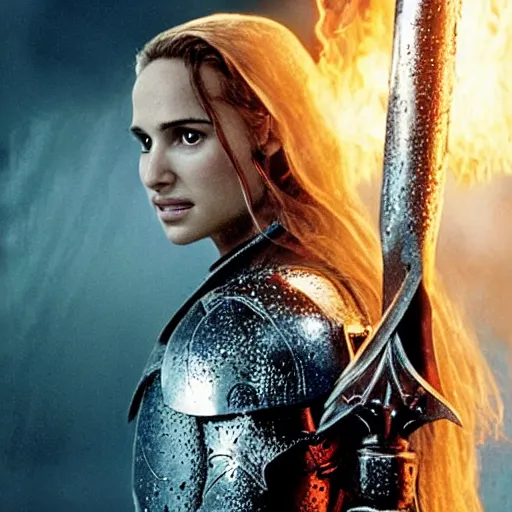 Prompt: a still from “ lord of the rings ” of a head and shoulders portrait of natalie portman ’ s sister as a heavily armored paladin with a flaming sword, photo by phil noto