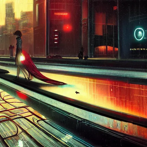 Prompt: chillwave scene of girl and cat, moment, cyberpunk elevated train, electronic billboards, tech noir, wet reflections, atmospheric, ambient, livia prima, greg rutkowski, edward hopper, pj crook