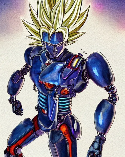 Image similar to a watercolor painting full body character portrait of a cybernetic half robot super saiyan in the style of moebius in the style of leonard boyarsky trending on artstation deviantart pinterest hyper detailed photorealistic highlights and shadow hd 8 k post - processing high resolution