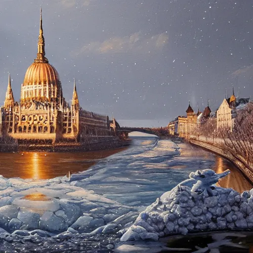 Image similar to an extremely realistic painting depicting the coronation of viktor orban on the frozen danube, detailed, intricate, elegant, fat, highly detailed, digital painting, artstation, concept art, smooth, sharp focus, illustration,