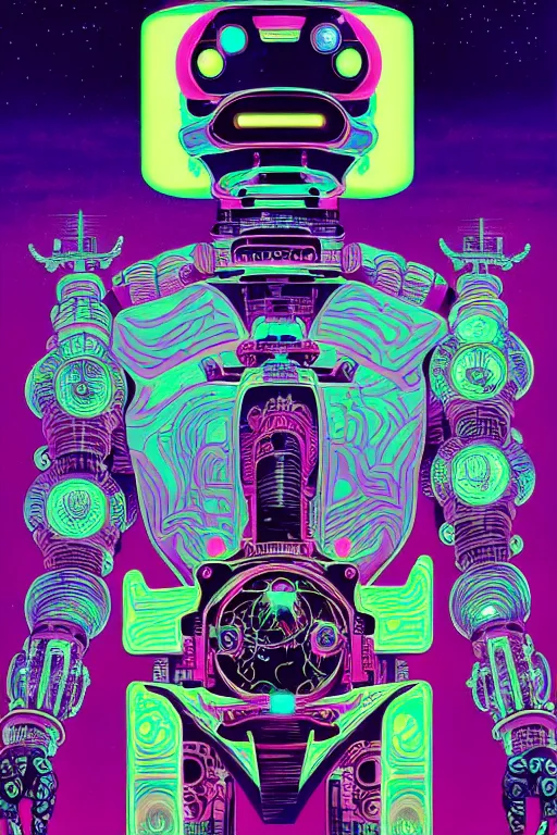 Image similar to ortographic view of Bioluminescent flourescent portrait of mecha, very intricate , by Jen Bartel and Moebius and Dan Mumford and Satoshi Kon, gouache illustration, vivid colors