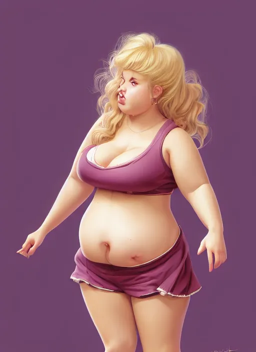 Image similar to full body teenage betty cooper, blonde hair, obese, bangs, ponytail, sultry, realistic, sultry smirk, ponytail, fluffy bangs, curly bangs, fat, belly, beautiful girl, intricate, elegant, highly detailed, digital painting, artstation, concept art, smooth, sharp focus, illustration, art by wlop, mars ravelo and greg rutkowski