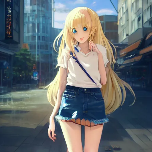 Image similar to a very beautiful anime girl, full body, long golden hair, sky blue eyes, full round face, short smile, mini jeans skirt, cute top, urban setting, cinematic lighting, medium shot, mid-shot, highly detailed, trending on Artstation, Unreal Engine 4k, cinematic wallpaper by Stanley Artgerm Lau, WLOP, Rossdraws, James Jean, Andrei Riabovitchev, Marc Simonetti, and Sakimichan