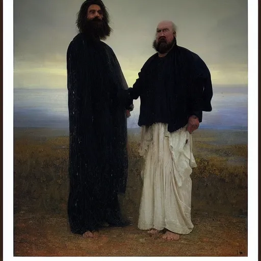 Prompt: A portrait of God and Death shaking hands, vertical symmetry, wide shot, photorealistic, beautiful moody artwork by Ilya Repin and Asher Duran