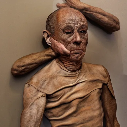 Image similar to hyperrealistic sculpture of a fossilized bronze chinese prisoner by ron mueck and duane hanson and lee bontecou and elizabeth frink, patina, hyperrealistic dramatic colored lighting trending on artstation 8 k