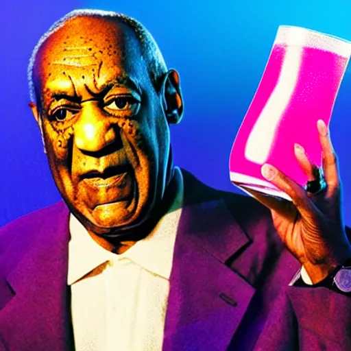 Prompt: Bill Cosby offering large glowing drink in nightclub background, colorful 16k hyper realistic illustration