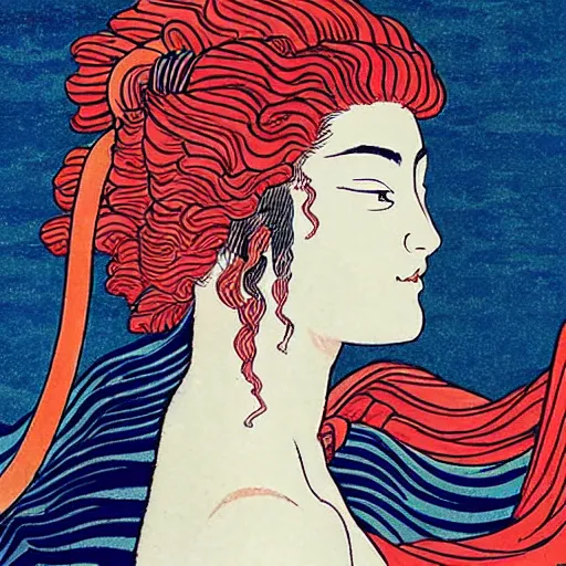 Image similar to Lorde reincarnated as Aphrodite in the style of Hokusai