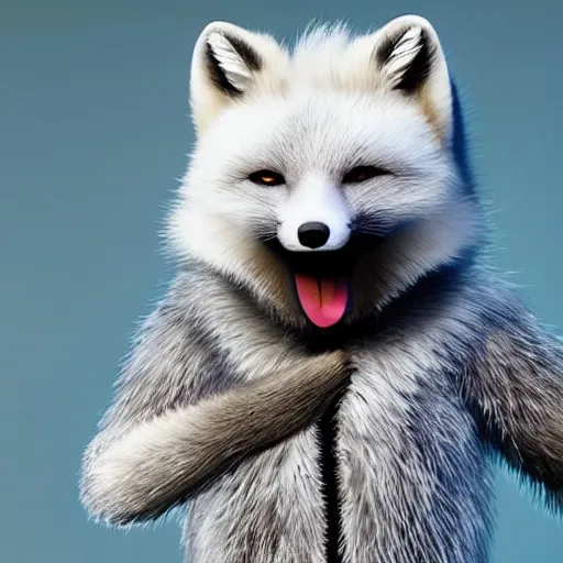 Image similar to studio quality advertising photo depicting an anthropomorphic arctic fox furry dressed up as a character in Final Fantasy