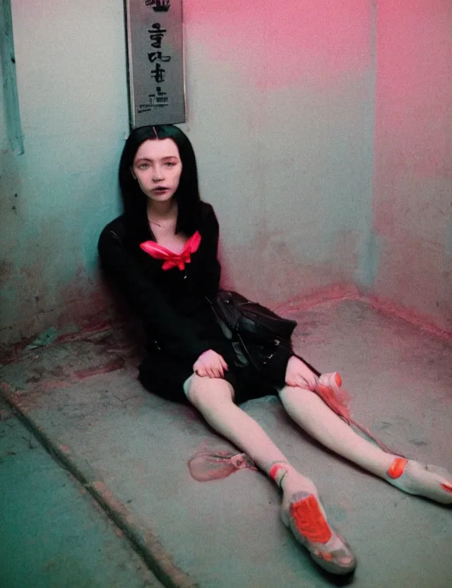 Image similar to portrait school girl with black hair and a strong grange makeup sitting on a floor in a subway, neon light, wide angle coloured polaroid photograph with flash, kodak film stock, hyper real, stunning moody cinematography, with anamorphic lenses, by maripol, fallen angels by wong kar - wai, style of suspiria and neon demon, detailed