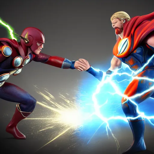 Image similar to Flash vs Thor, very detailed, 16k render, ultra realism