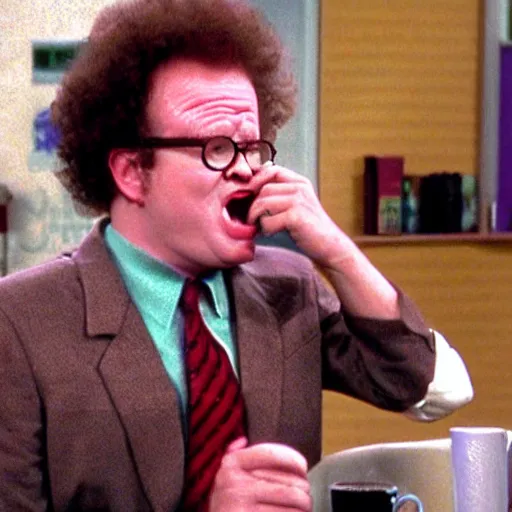 Prompt: Channel 5's Dr. Steve Brule hurting his tongue on hot coffee.