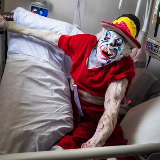 Prompt: crazy elderly clown restrained to hospital bed