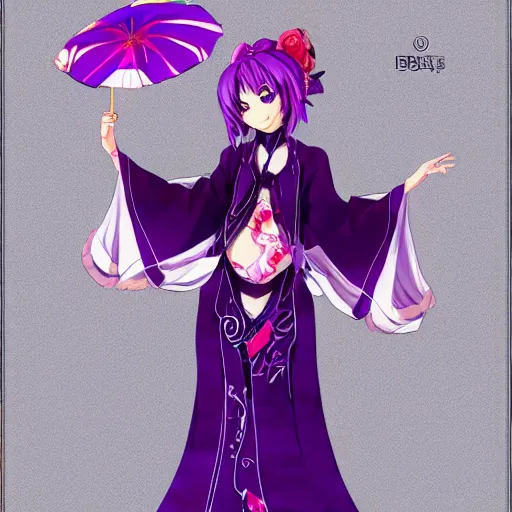 Image similar to anime full body illustration of a woman with purple hair wearing dark purple chinese outfit, her head is slightly tilted, medium shot, extremely detailed art, character showcase art, 4 k, anime key visual, official illustration by kyoto animation, monthly top rankings on pixiv, trending on artstation, danbooru art