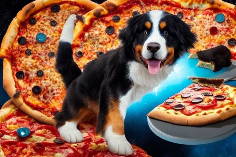 Image similar to a bernese mountain dog standing on a pizza in outer space. the dog is eating a piece of pizza. pizza slices flying with angel wings in background, dark cyan galaxy and stars in background, 4 k photoshopped image, look at that detail