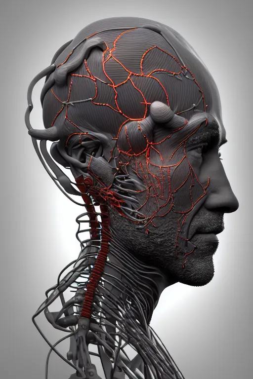 Image similar to 3D render of a rugged profile face portrait of a male cyborg, 150 mm, capacitors, Mandelbrot fractal, anatomical, flesh, facial muscles, neon wires, microchip, veins, arteries, full frame, microscopic, elegant, highly detailed, flesh ornate, elegant, high fashion, rim light, octane render in the style of H.R. Giger and Bouguereau