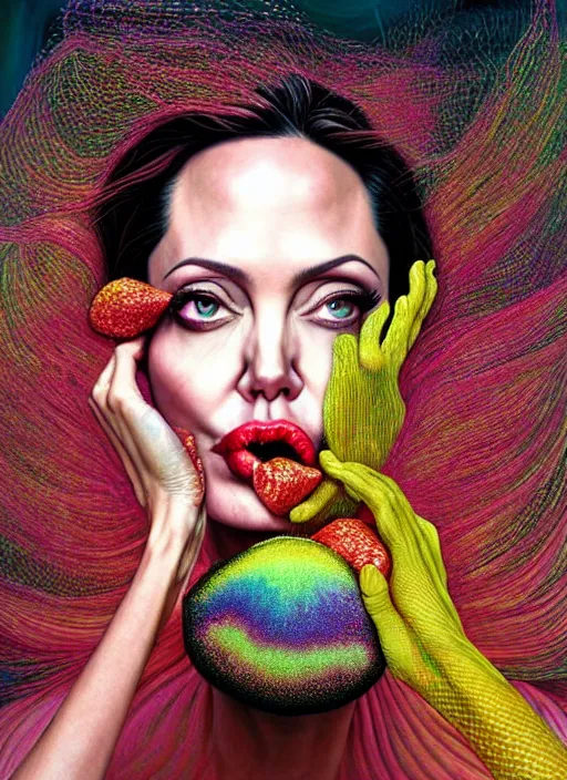 Image similar to hyper detailed 3d render like a Oil painting - Angelina Jolie in fishnets with black hair in thick mascara seen Eating of the Strangling network of colorful yellowcake and aerochrome and milky Fruit and Her delicate Hands hold of gossamer polyp blossoms bring iridescent fungal flowers whose spores black the foolish stars by Jacek Yerka, Mariusz Lewandowski, Houdini algorithmic generative render, Abstract brush strokes, Masterpiece, Edward Hopper and James Gilleard, Zdzislaw Beksinski, Mark Ryden, Wolfgang Lettl, Dan Hiller, hints of Yayoi Kasuma, octane render, 8k